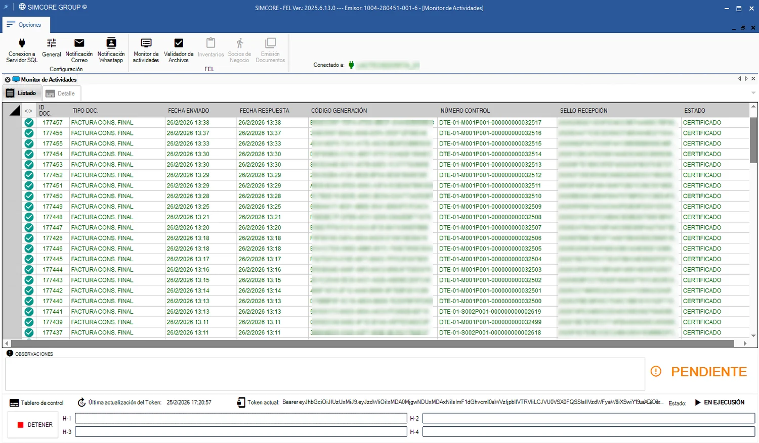 Monitor de actividades de SIMCORE DTE